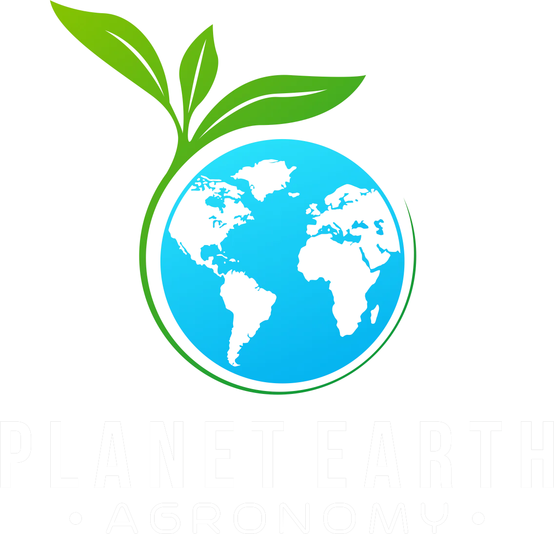 A logo for Planet Earth Agronomy featuring a blue Earth with continents and green leaves growing from the top, with the text 'PLANET EARTH' in large gray letters and 'AGRONOMY' in smaller white letters below.